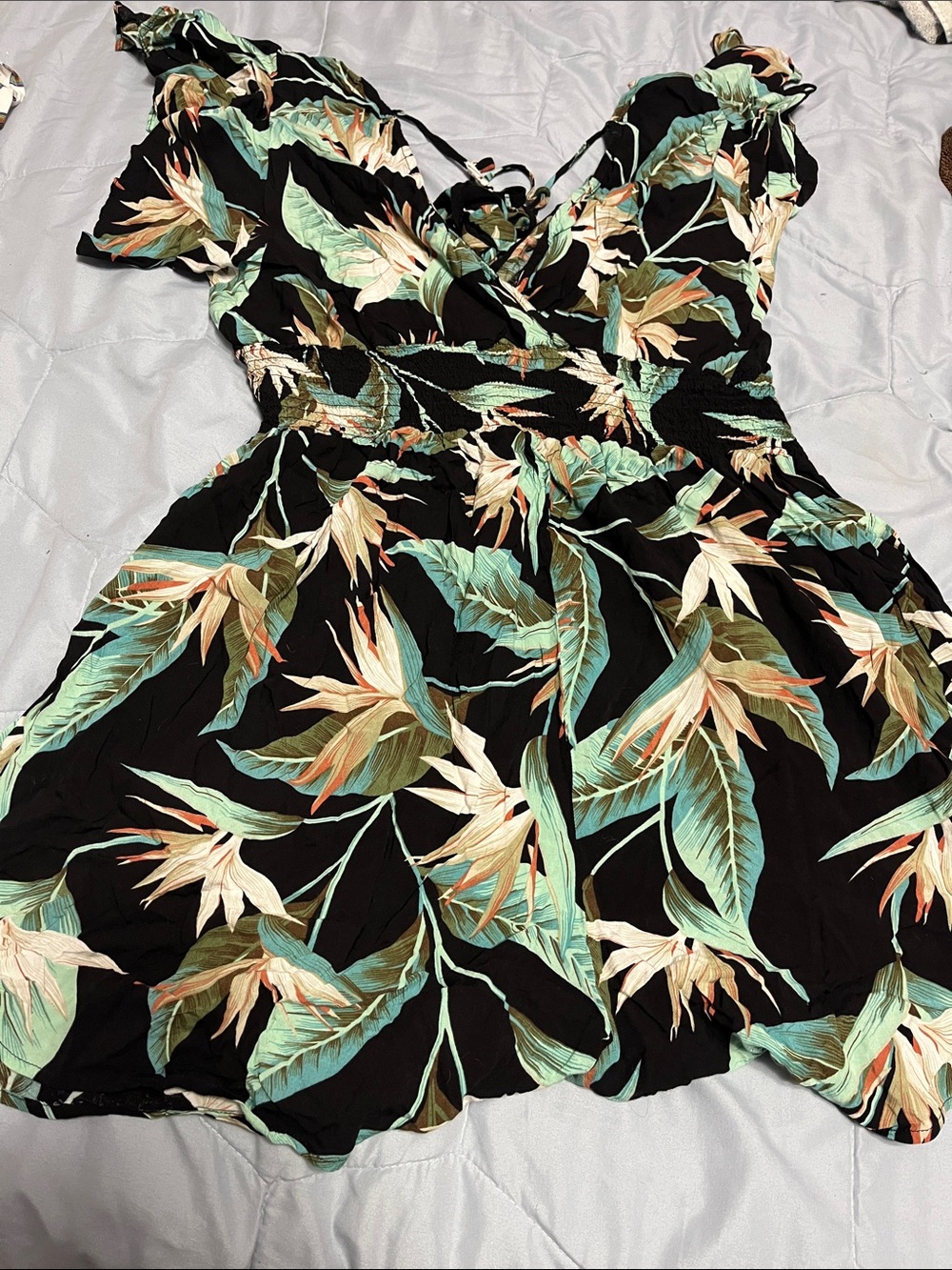 Tropical Black Floral Summer Dress with Mint & Peach Leaves